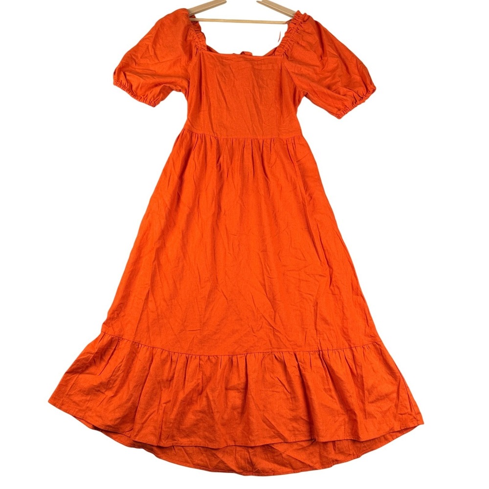 Who What Wear Dress Women M Orange Midi Sundress Linen Blend Puff Sleeve Boho